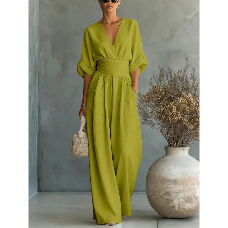 Women's High Waist V-neck Solid Color Wide Leg Jumpsuit