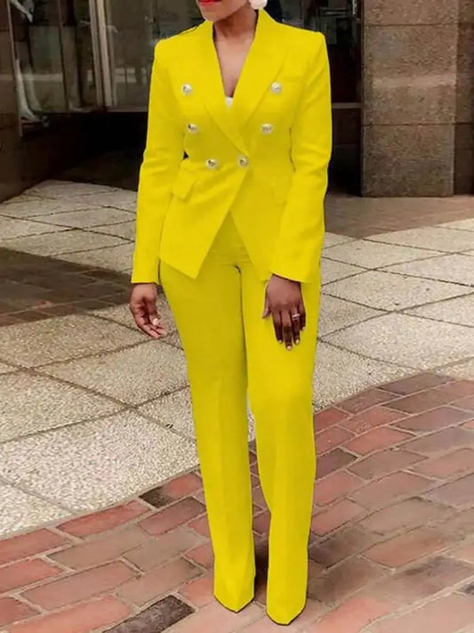 Elegant Double-Breasted Long Sleeve Two Piece Suit Set with Pants
