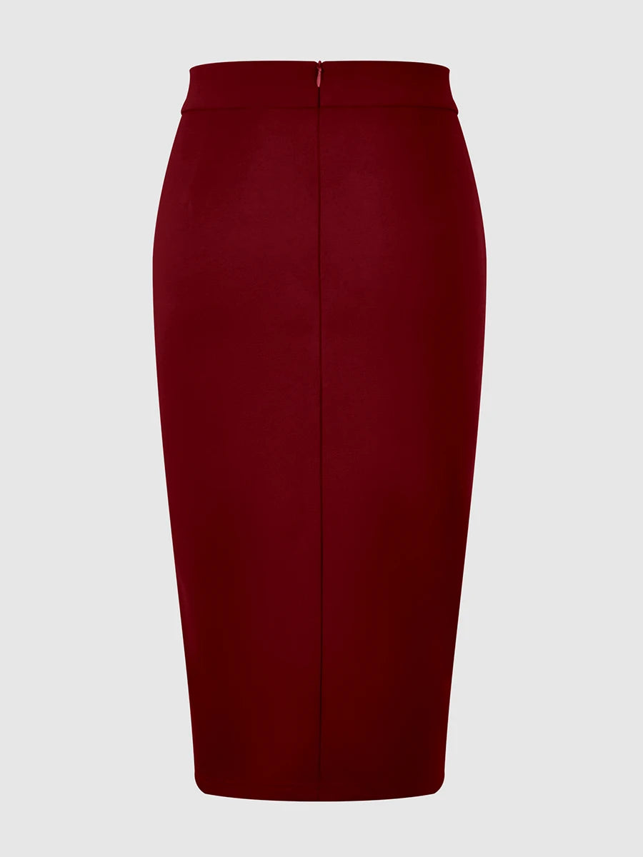 Women's Burgundy Ruffle High Waist Stretch Slim Fit Pencil Midi Skirt, w/ Side Split