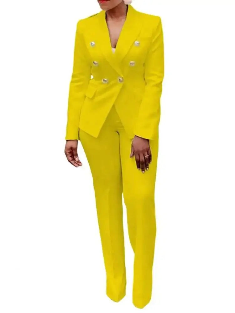 Elegant Double-Breasted Long Sleeve Two Piece Suit Set with Pants