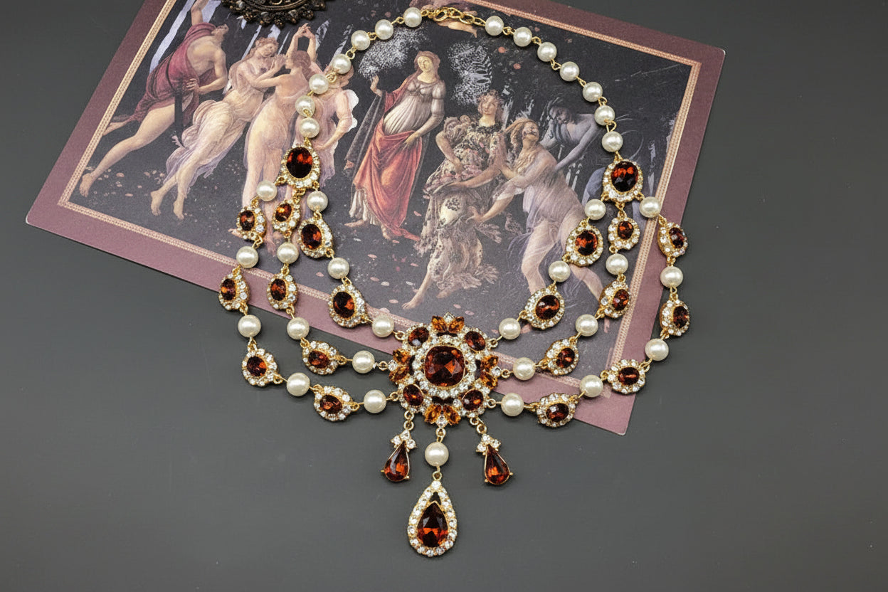 Classic Retro Vintage Rhinestone White Pearl Water Droplet Necklace Earring Set