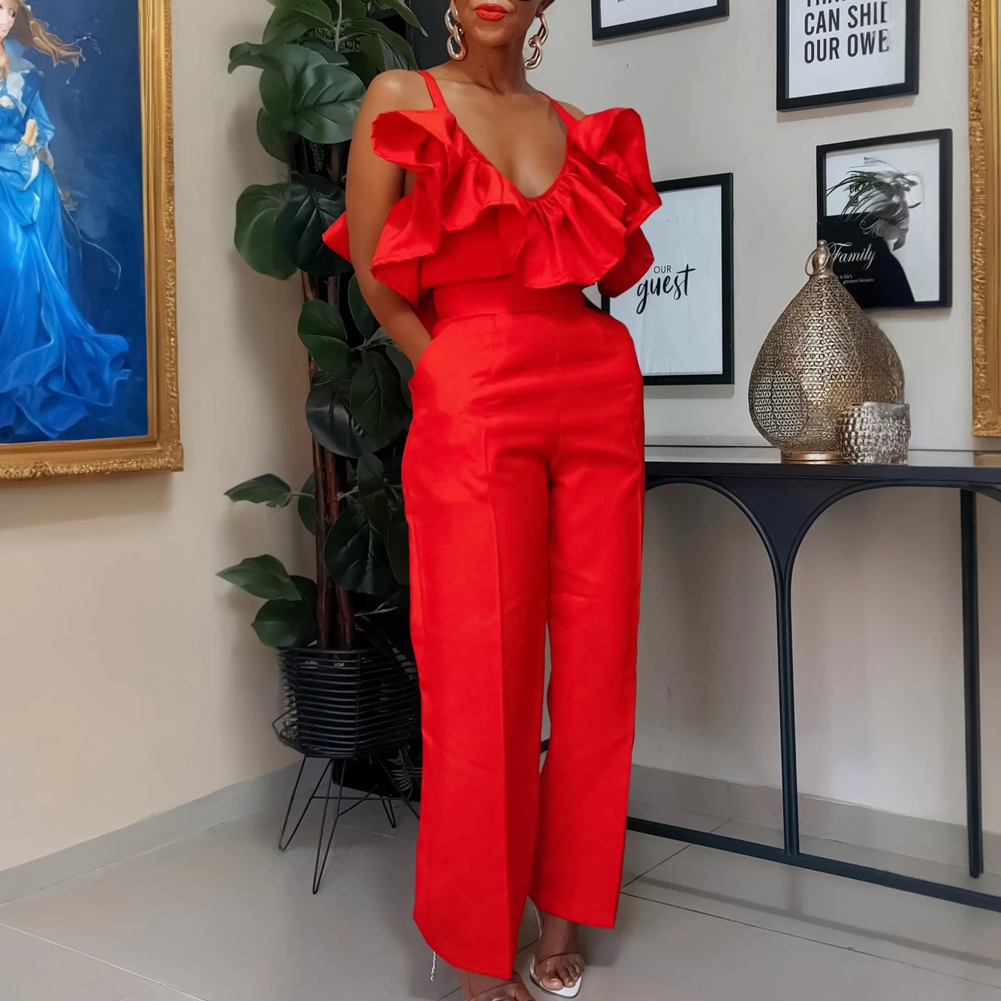 Designer Deep V Neck Ruffles High Waist Pants Jumpsuit
