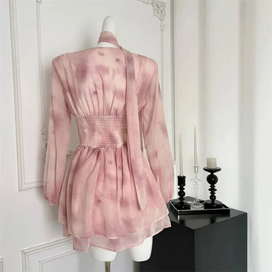 Delicate Chiffon Waist Cinching Blending Ribbon Floral Dress
