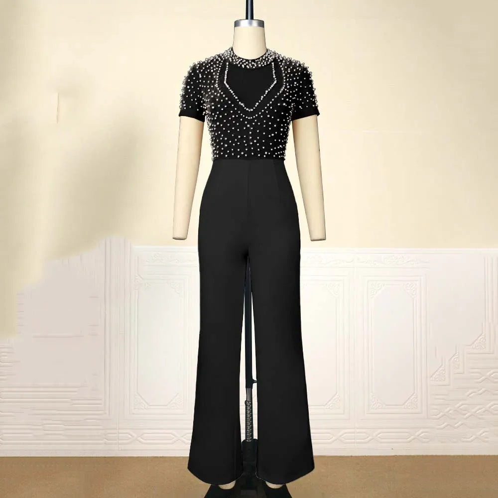 Elegant Women O Neck Short Sleeve Beaded High Waisted Luxury Jumpsuit