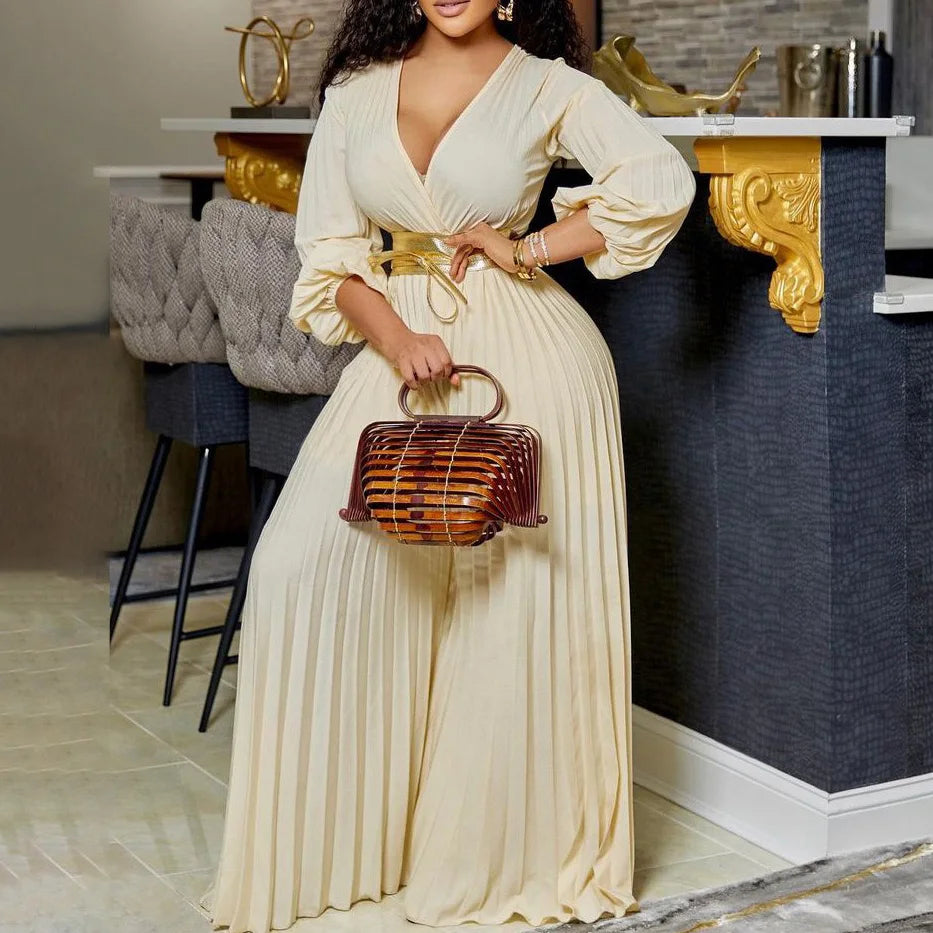 Elegant Pleated Full Sleeve V Neck High Waisted Jumpsuit