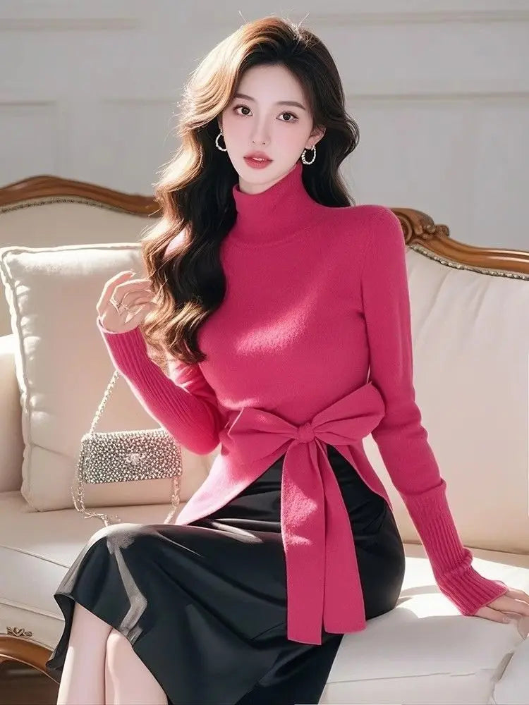 Women's French Style High Neck Irregular Knit Sweater w/ Bow Detail