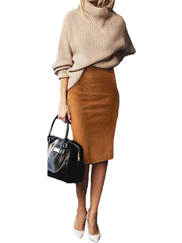 Sexy Multi Color Suede Elastic High Waist BodyCon Midi Pencil Skirt