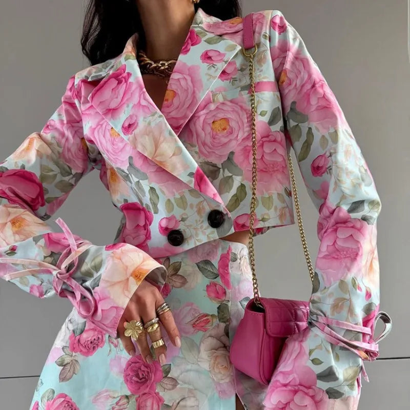 Floral Print Elegant Long Sleeve Lapel Button Crop Top Bodycon Mini Skirt Two Piece Set
