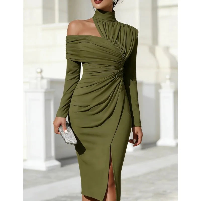 Women's Elegant Off Shoulder High Neck Midi Ruched Dress With Split