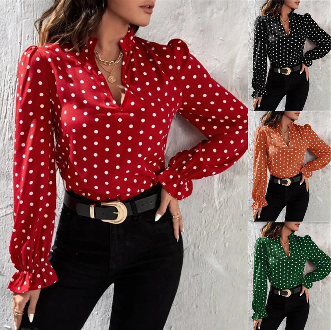 Women's Elegant Professional V-neck Polka Dot Long Sleeved Casual Chiffon Blouse