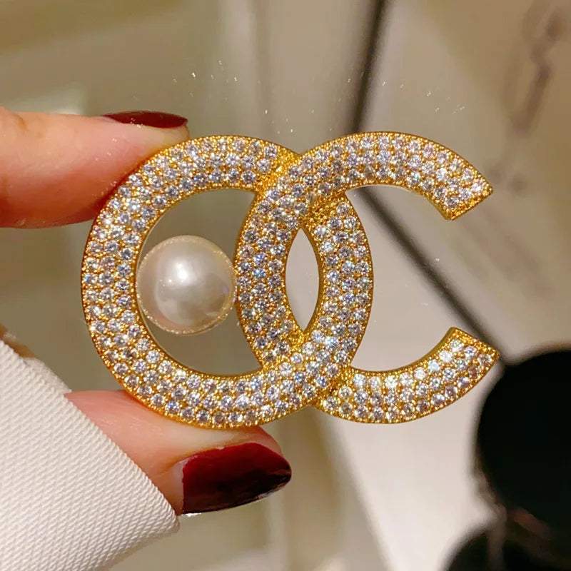 Rhinestone Letter C Pearl Brooch