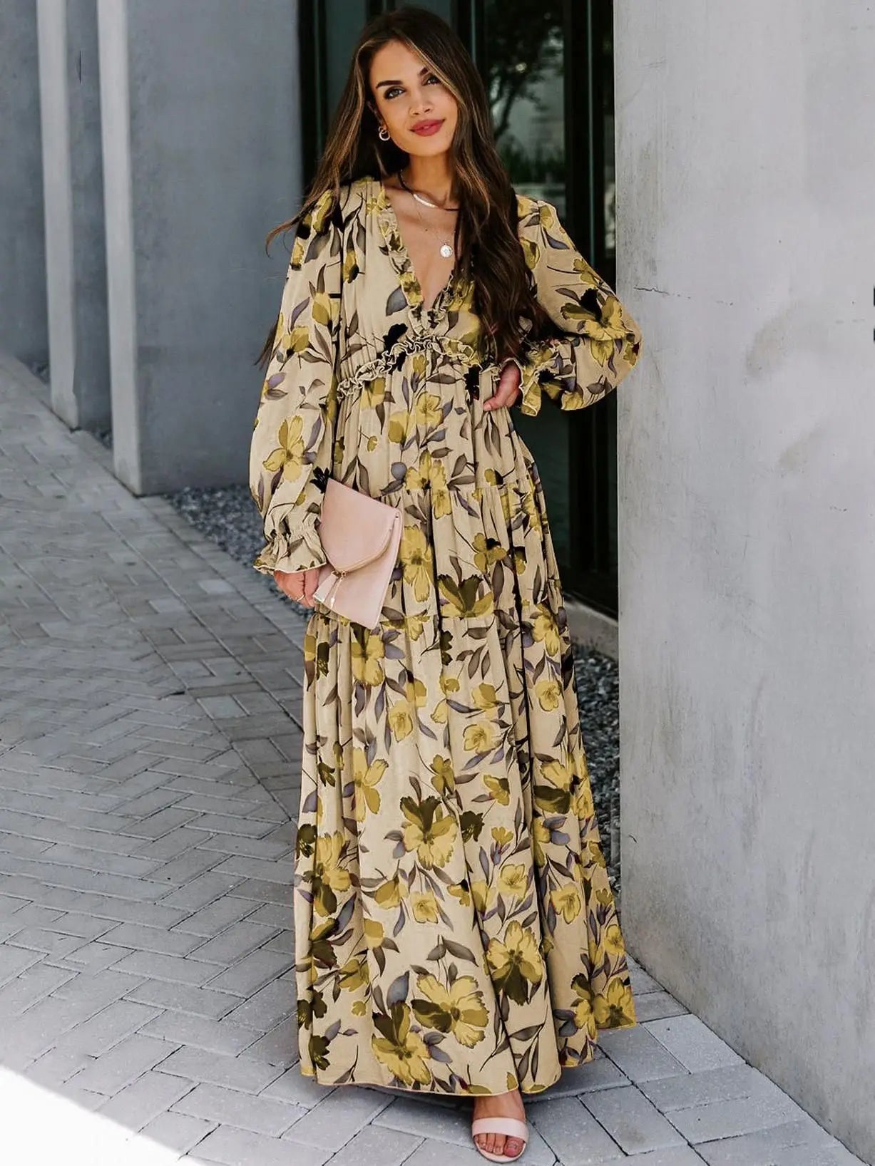 Elegant Floral Print Ruffle Layered Long Sleeved Chiffon A Line Long Maxi Dress