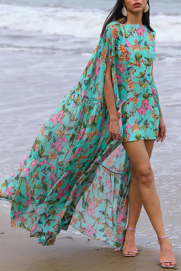 Flower Print Chiffon Big Hem Slim Mini Designer Dress