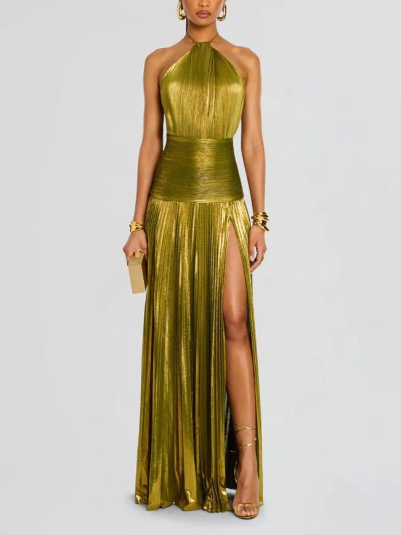 Metallic Gold Off Shoulder Backless Halter Long Dress w/ High Split
