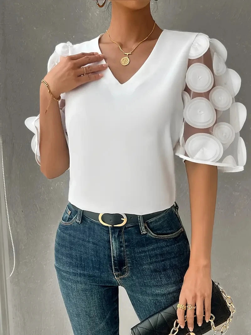 Sheer Sleeve V Neck Chiffon Blouse