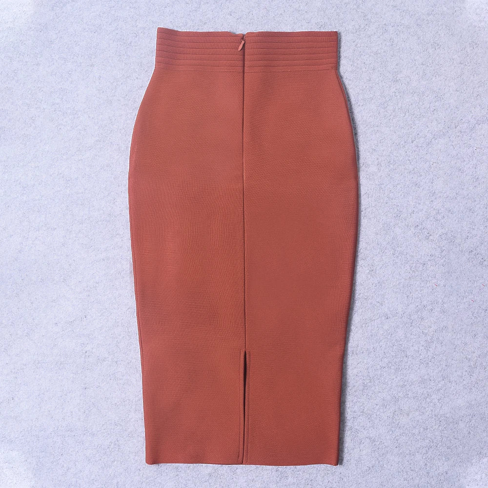 Brown Mid Calf Button BodyCon Split Pencil Skirt