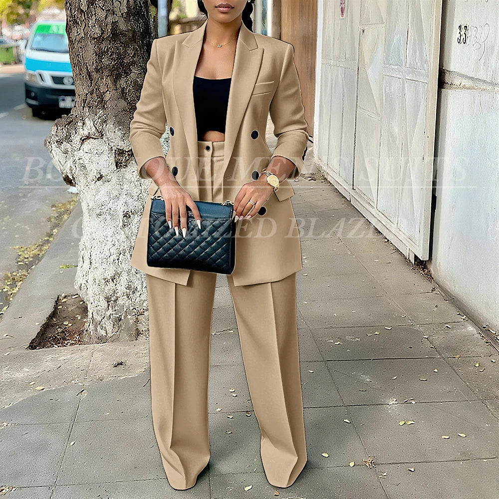 Elegant Women's Double Breasted Peak Lapel Blazer and Pleated Trouser Pants 2pc Suit
