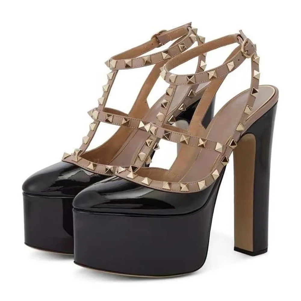 Women's Thick Soled Patent Leather Stage Runway High Heels with Rivets