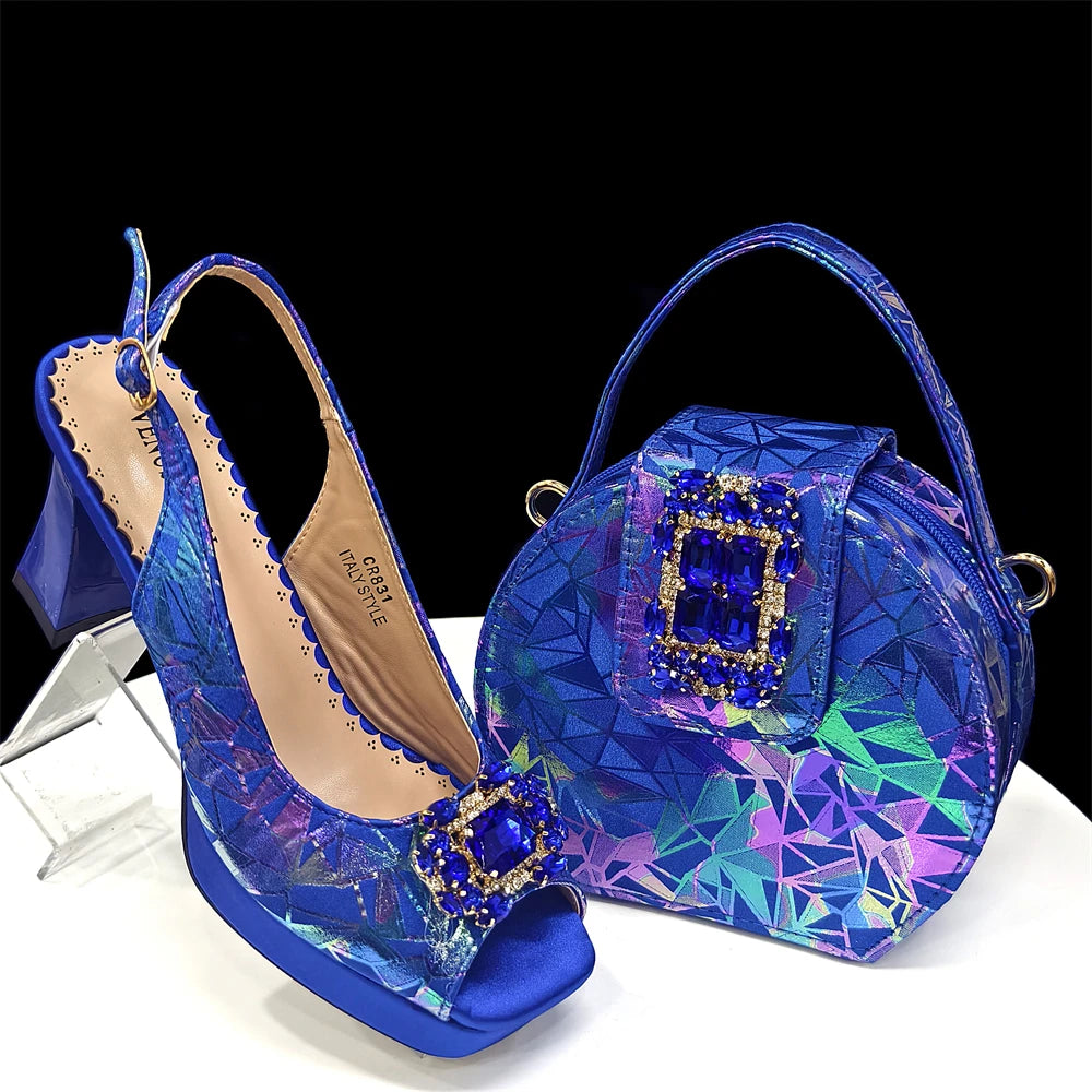Elegant Women Peep Toe Designer Rhinestone Italian Shoes and Matching Bags