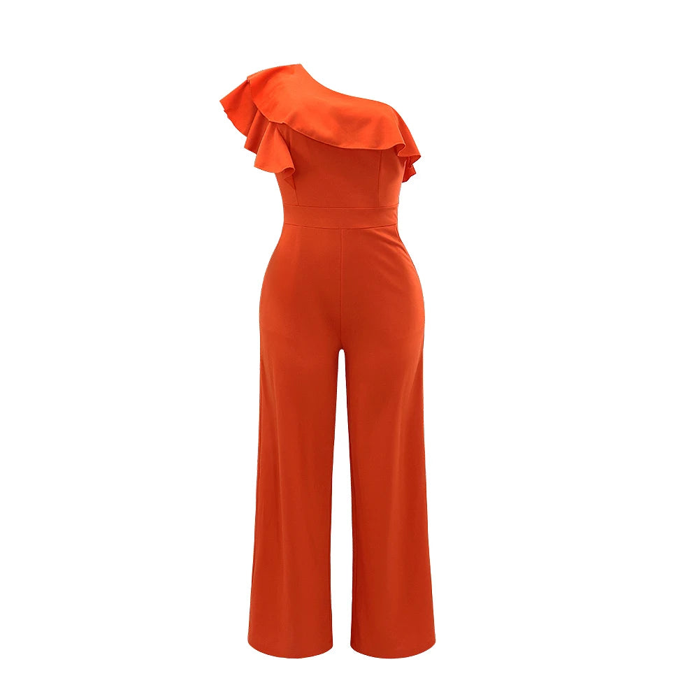 Ruffle One Shoulder Elegant Solid Color Jumpsuit