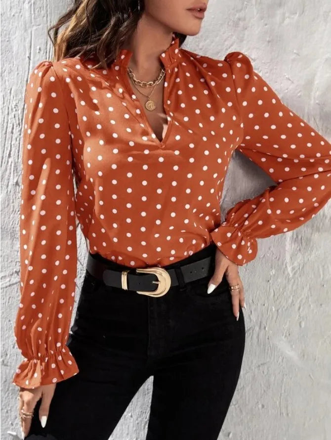 Women's Elegant Professional V-neck Polka Dot Long Sleeved Casual Chiffon Blouse