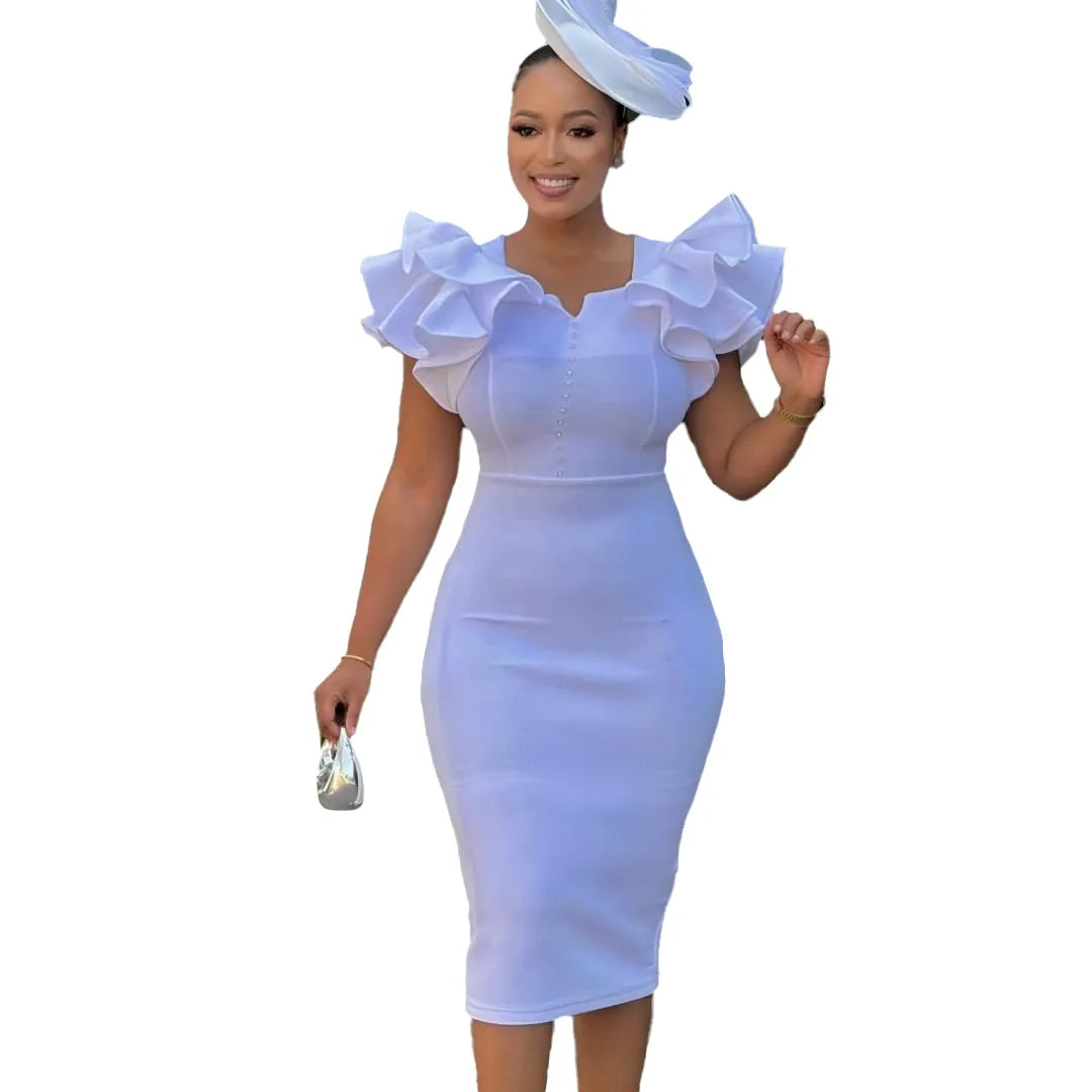 Designer Nail-Beaded Lotus Sleeve A-Line Dress