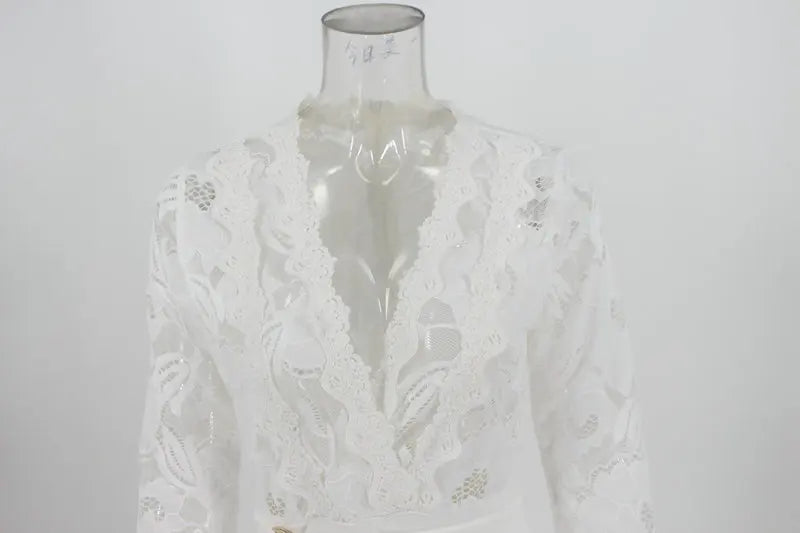 Women White Lace Stitching Long Sleeve V-neck Wide Leg Pants With Belt Romper