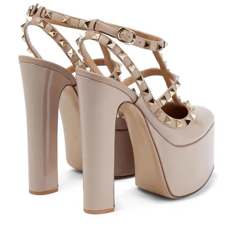 Women's Thick Soled Patent Leather Stage Runway High Heels with Rivets