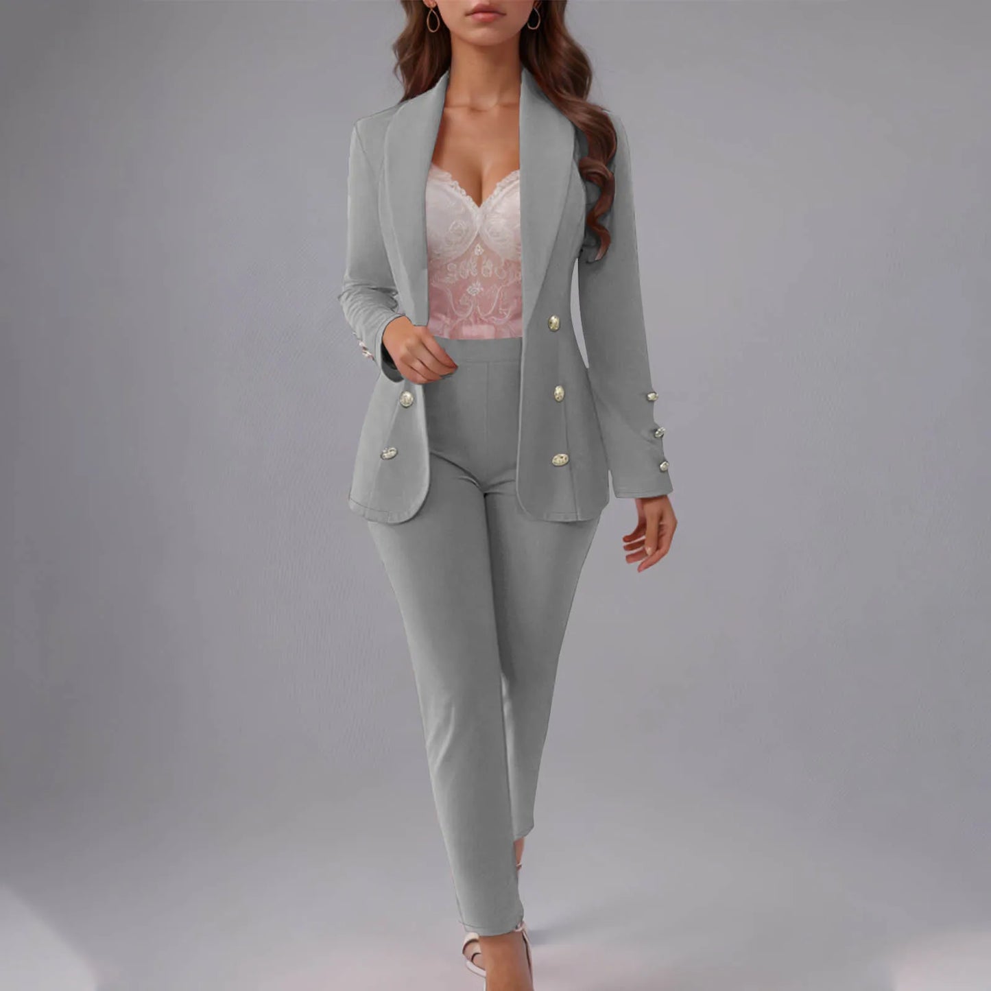 Double Breasted Slim Fit Lapel Suit Jacket & Trousers 2 Piece Set