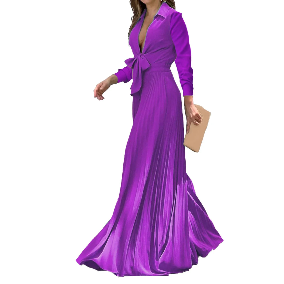 Women Elegant High Waist Long Sleeve Deep V Neck Bow Tie Collar Maxi Dress