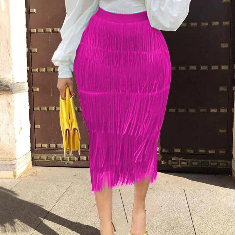 Women's Fringe Bodycon Tassel High Waist Stretch Midi Pencil Skirt