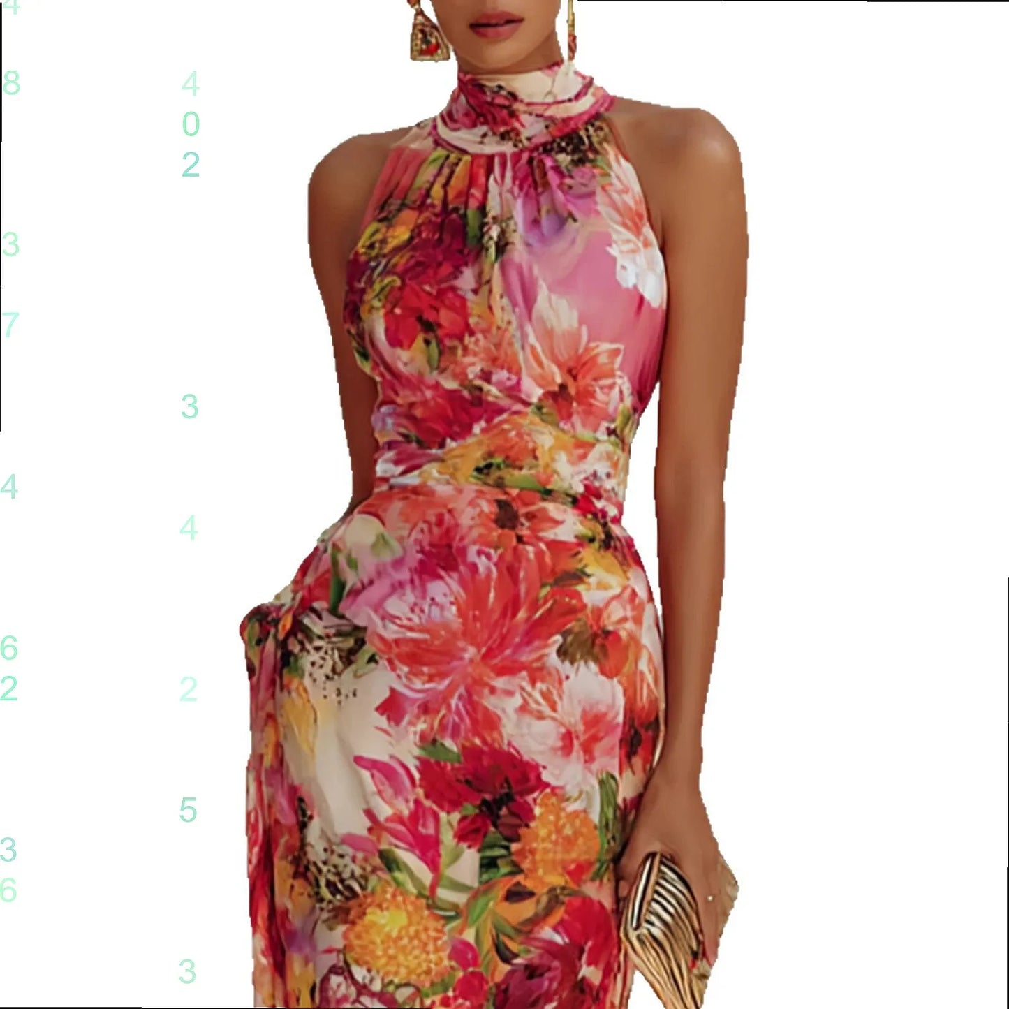 Summer Floral Print Halter Neck Sleeveless Bodycon Chiffon Dress