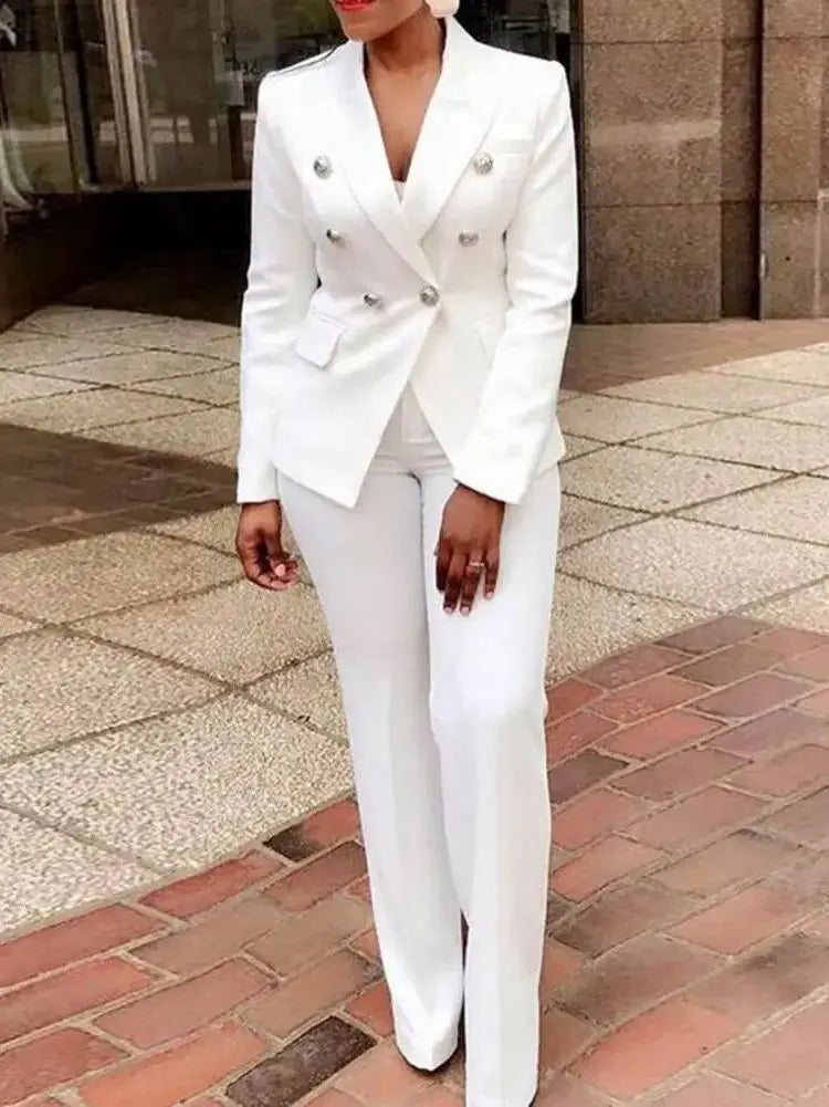 Elegant Double-Breasted Long Sleeve Two Piece Suit Set with Pants