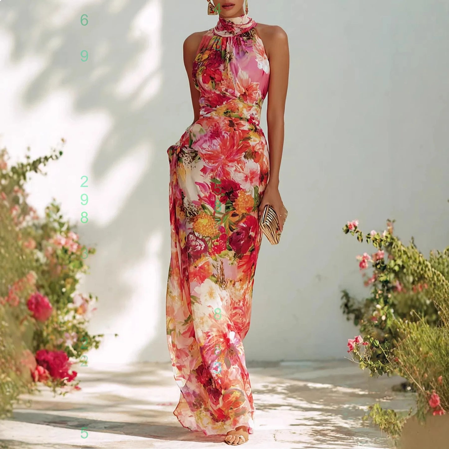 Summer Floral Print Halter Neck Sleeveless Bodycon Chiffon Dress