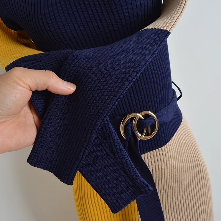 Women's Knitted Color Block Long Sleeve Turtleneck Sweater Dress with Belt