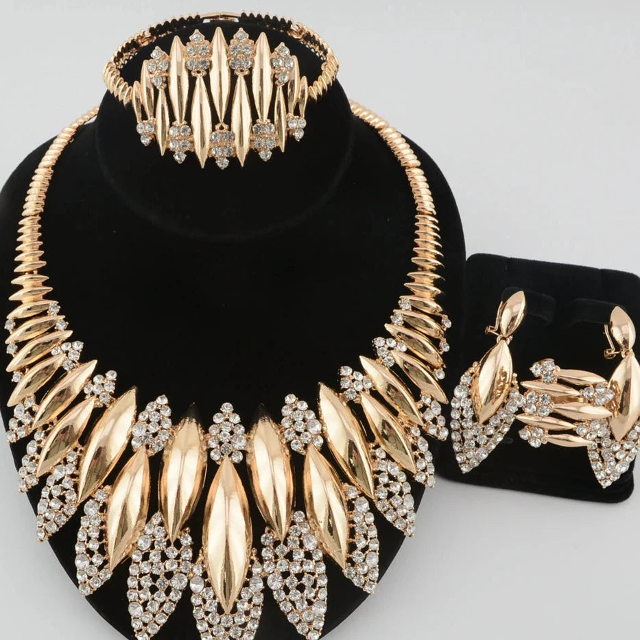 Women Luxury Dubai style Plated 4pcs Necklace Earrings Ring & Bracelet Set