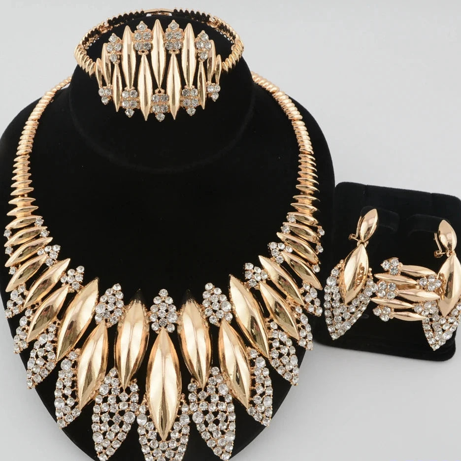 Women Luxury Dubai style Plated 4pcs Necklace Earrings Ring & Bracelet Set