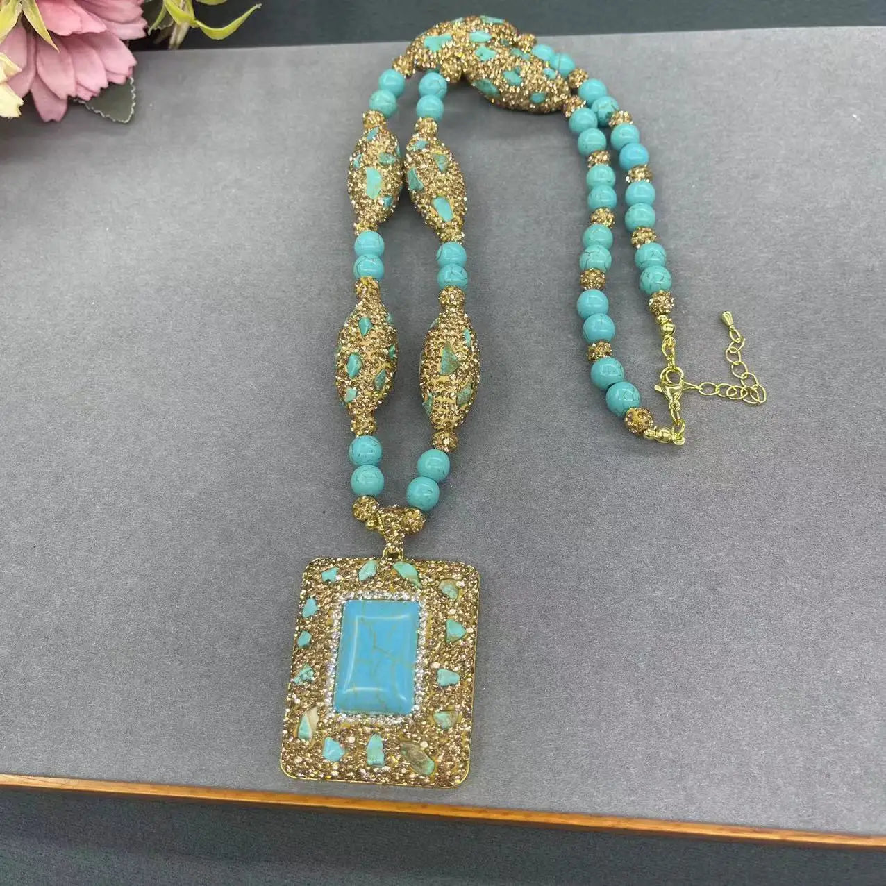 Vintage Turquoise Jewelry Necklace Earrings Ring Bracelet Set for Women