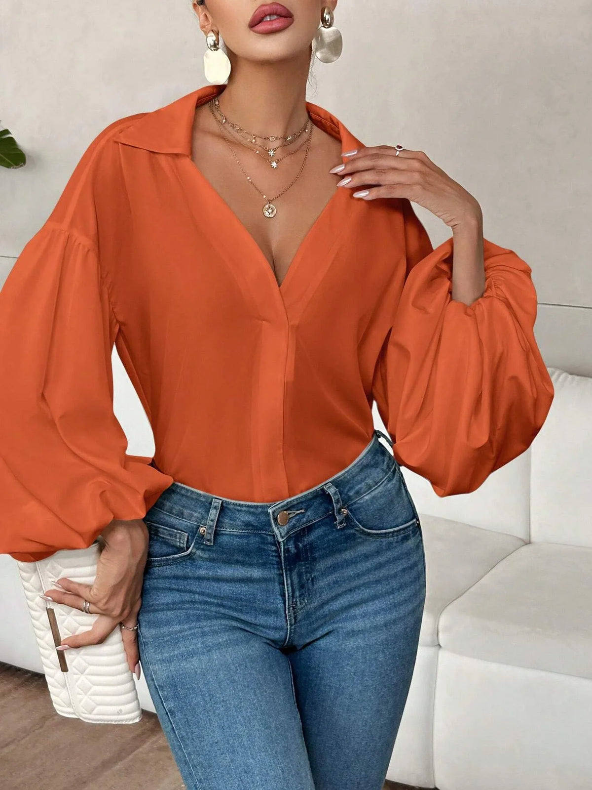 French Polka Dot Print Long Sleeve Casual V-Neck Oversized Blouse