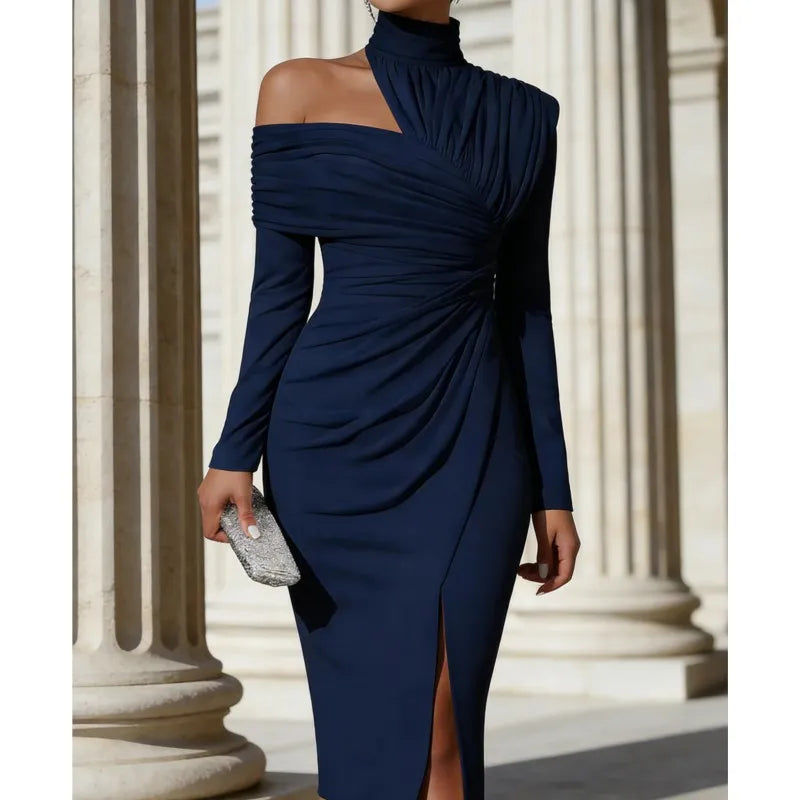 Women's Elegant Off Shoulder High Neck Midi Ruched Dress With Split