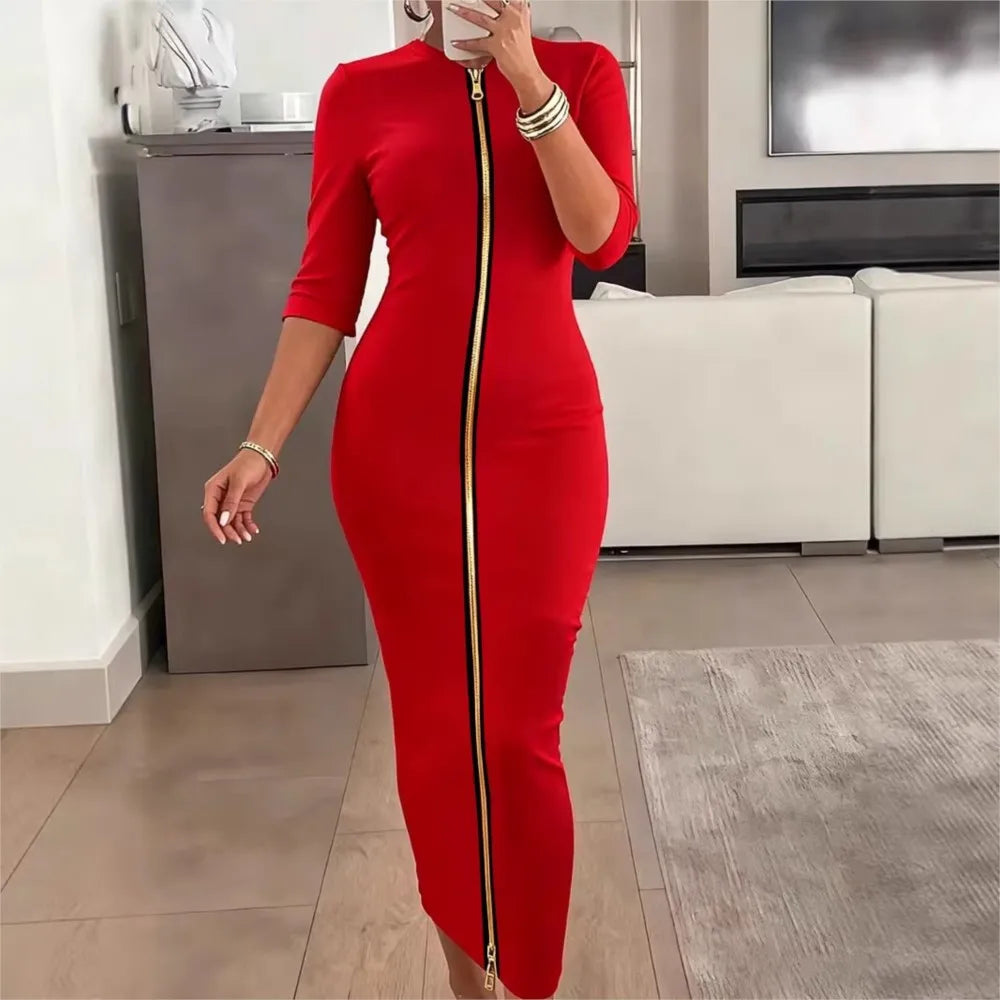 Women's Sexy Waist Solid Color Fashionable Zipper Mid-sleeve Slim Fit Dress