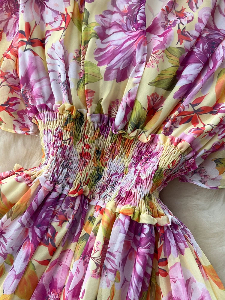 French Style Floral Retro V-neck Ruffle Sleeve High Waisted Chiffon Dress
