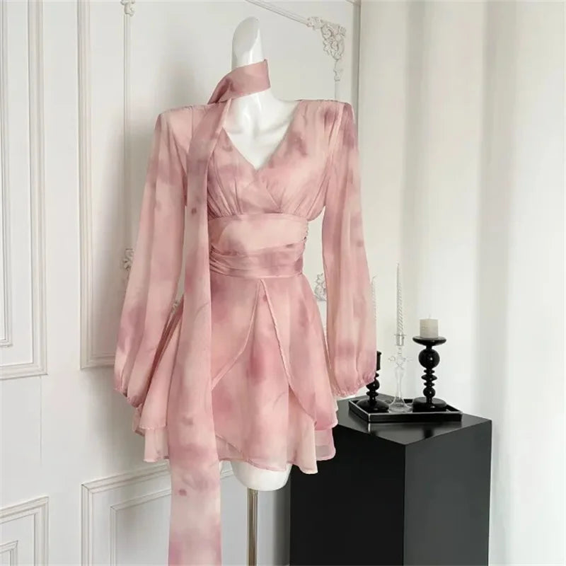Delicate Chiffon Waist Cinching Blending Ribbon Floral Dress