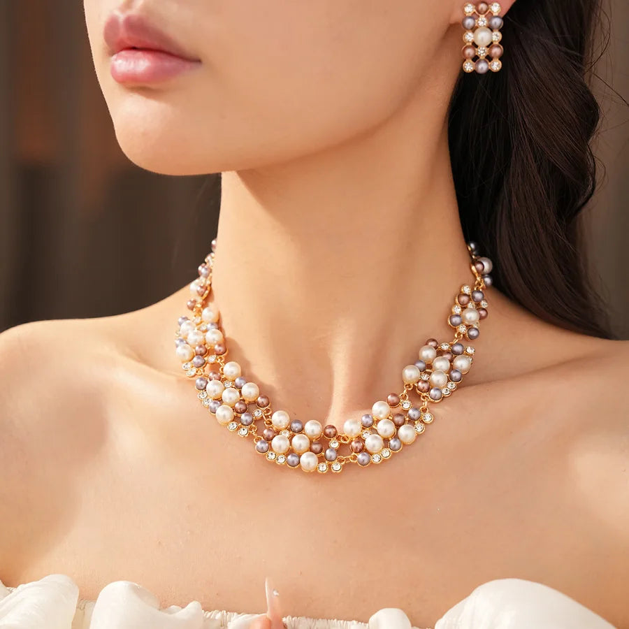 Vintage Pearl Rhinestone Choker Necklace and Earrings Set