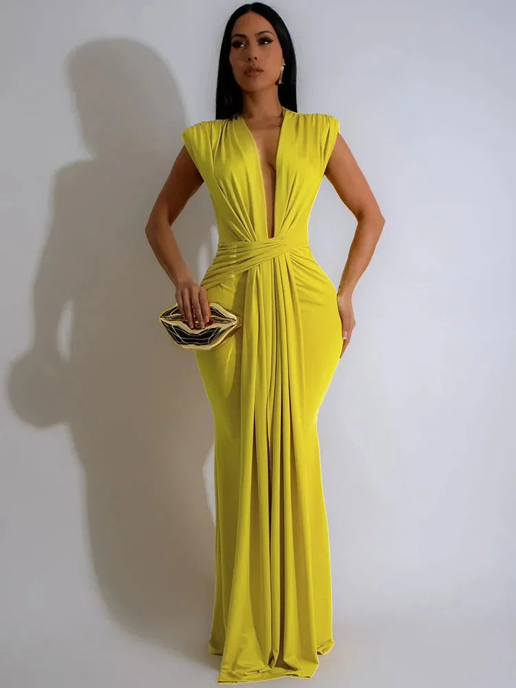Designer Deep V-Neck Ruched Evening Dress