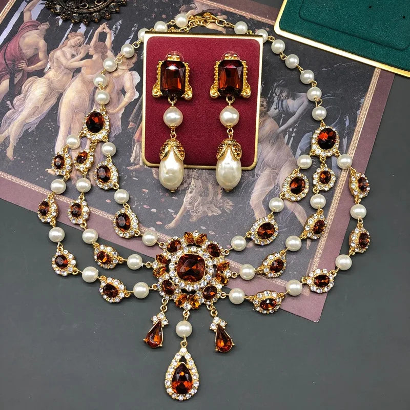 Classic Retro Vintage Rhinestone White Pearl Water Droplet Necklace Earring Set