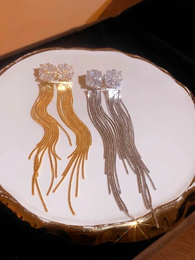Women's Designer Crystal Rhinestone Long Tassel Drop Earrings