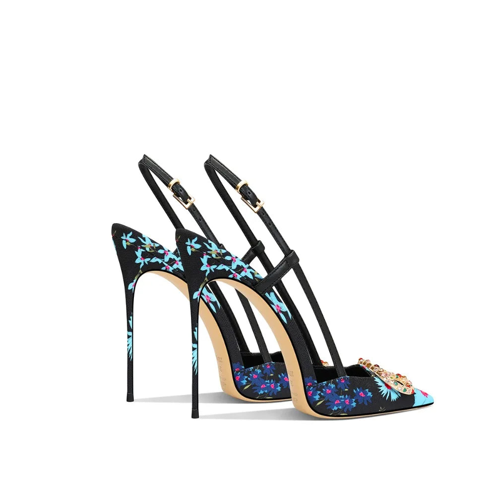 Elegant Floral Pointed Toe Jewel Buckle Stiletto Heels