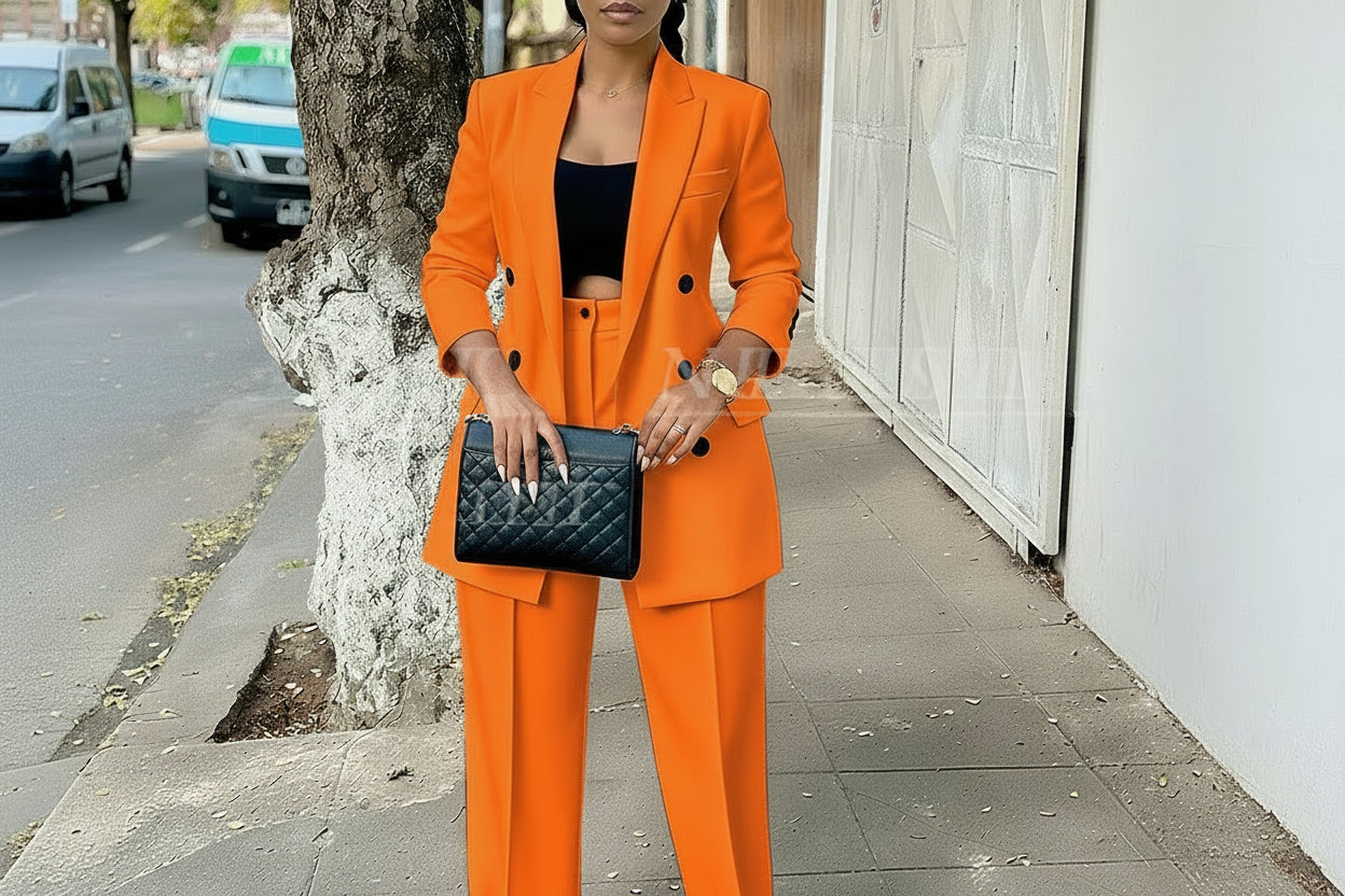 Elegant Women's Double Breasted Peak Lapel Blazer and Pleated Trouser Pants 2pc Suit