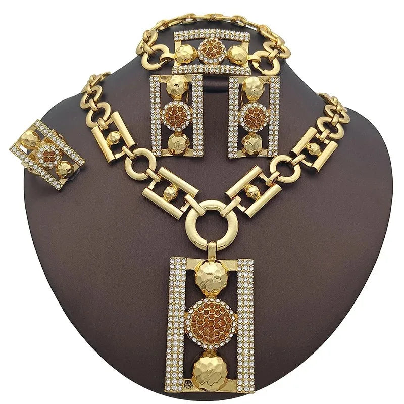 Women Rhinestone Luxury Design Rectangle Shape Necklace Bracelet Earring Ring Set